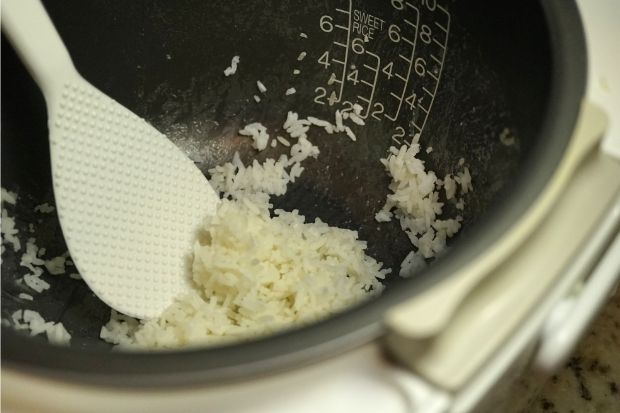 Rice at the bottom of a rice cooker that doesn't take long to cook rice