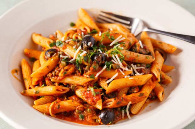 Penne puttanesca made with capers instead of green peppercorns