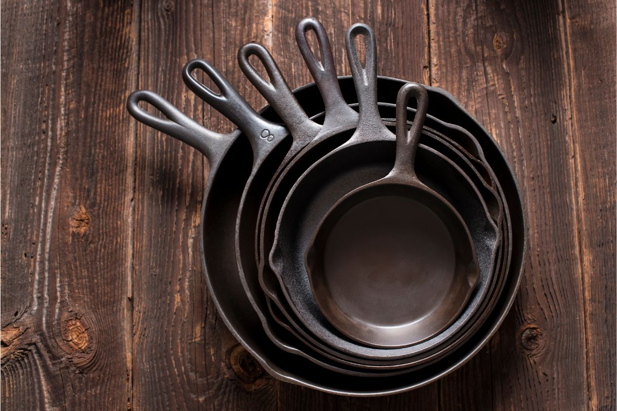 Stack of cast iron skillets that are sanitary