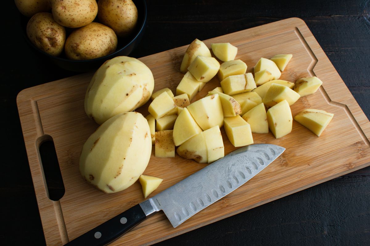 Chopped Yukon Gold potatoes with yellow flesh