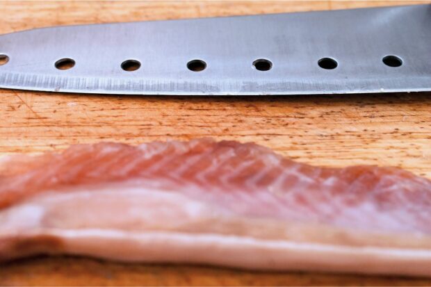 Salmon sliced with Santoku knife instead of Nakiri knife