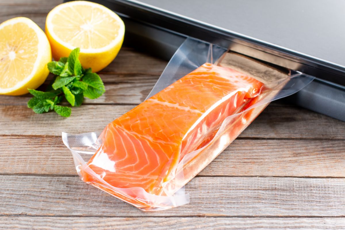 Vacuum-sealed salmon to be stored in the fridge