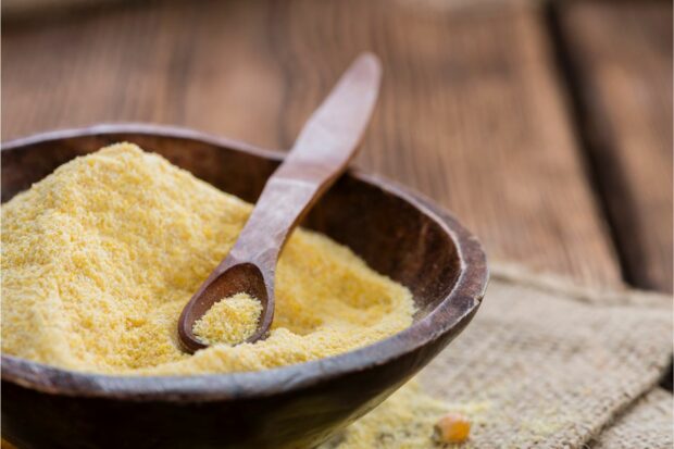 Bowl of cornmeal to be used as masa harina substitute in chili