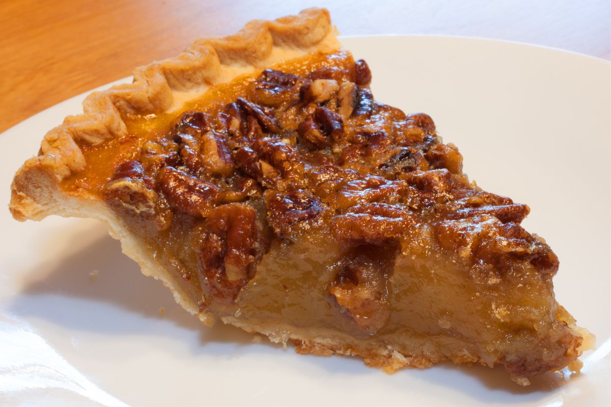 A slice of pecan pie that has set well